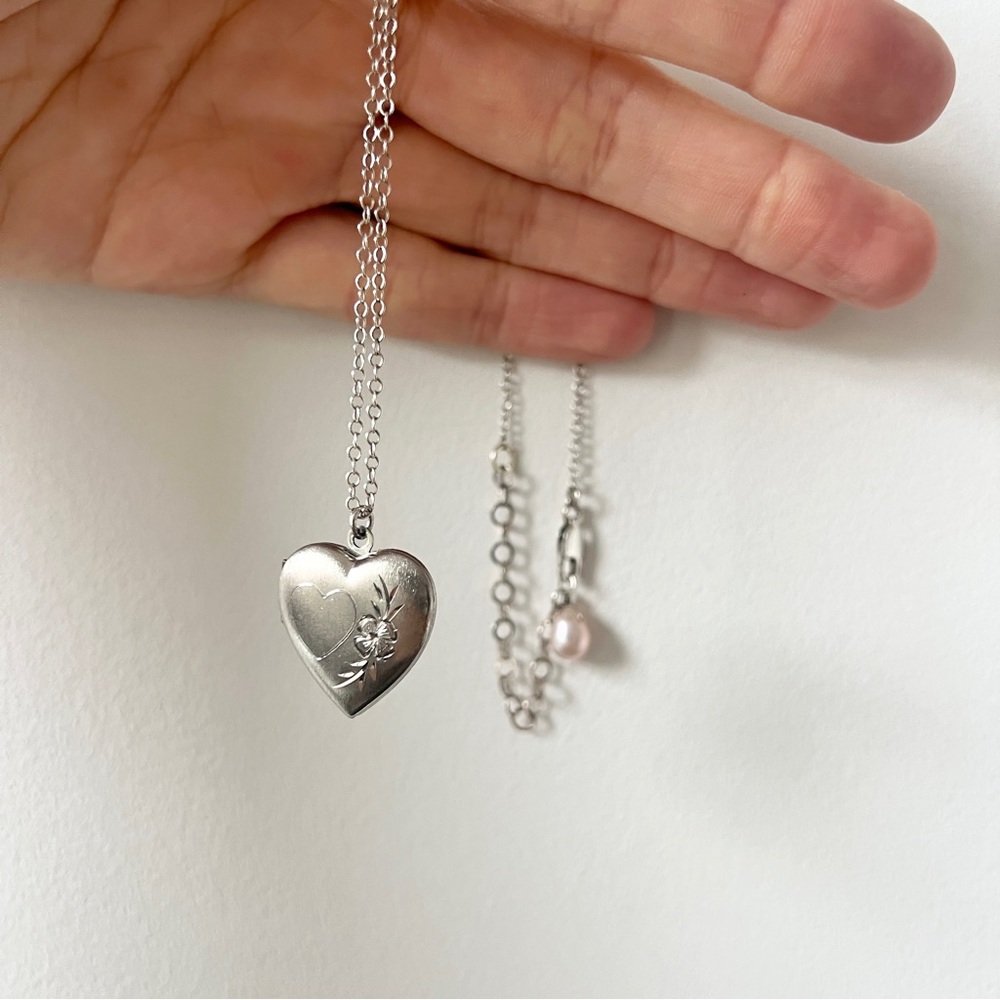 Vintage 925 silver heart shape locket photo pendant necklace